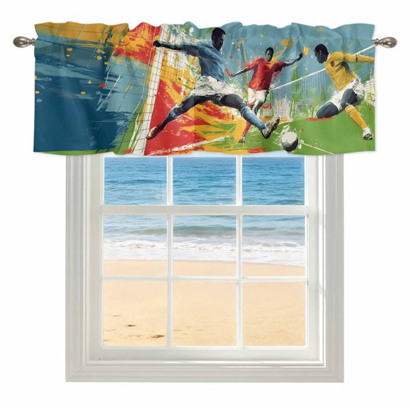 Soccer Duel Kitchen Valances for Windows 42x18 Inch Kitchen Curtains Valances Rod Pocket Players Football Modern Artistic Field Splash Bathroom Window Valances for Window Treatment Decor