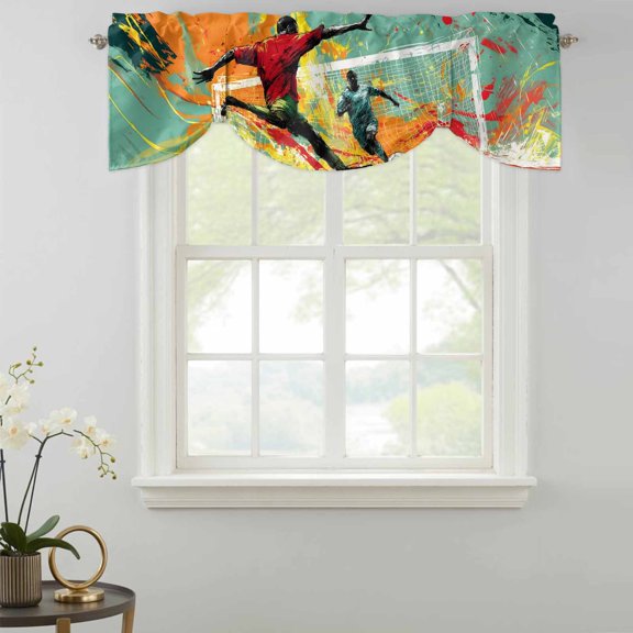Soccer Duel Tie Up Valances Curtain, Art Dynamic Players Modern Art Field Splash Red Adjustable Valance for Window Light Filtering for Kitchen and Bathroom Rod Pocket 1 Panel 42x12in