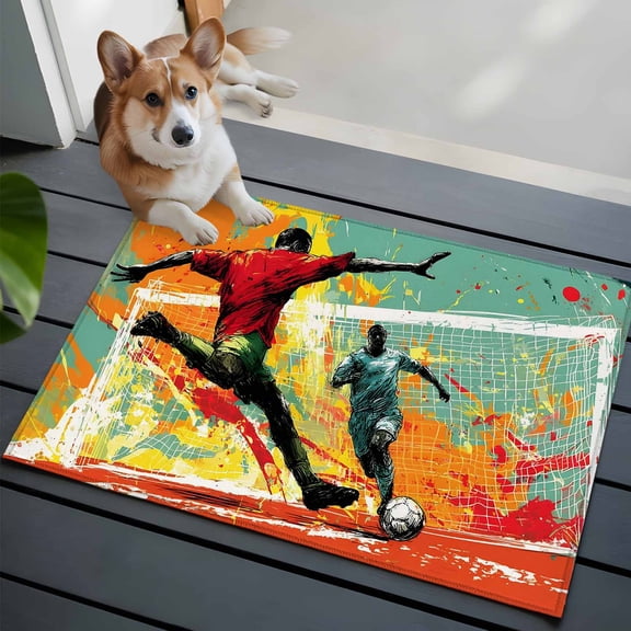 Soccer Duel Washable Entry Rug 2x3 Art Dynamic Players Modern Art Field Splash Red Low Pile Indoor Door Mat with Rubber Backing Thin Area Rug for for Entrance, Bedroom, Kitchen, Laundry, Bathroom