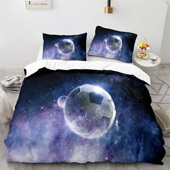 Soccer Duvet Cover Set Football Sport Galaxy Background Polyester Comforter Cover King Twin Full Size for Kids Boys Girl