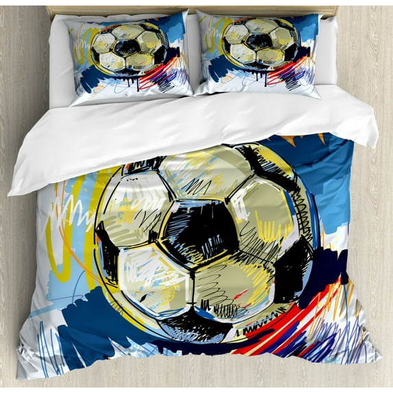 Soccer Duvet Cover Set King Size, Spherical Soccer Ball Illustration with Colorful Distressed Details in Motion Art, Decorative 3 Piece Bedding Set with 2 Pillow Shams, Multicolor, by Ambesonne