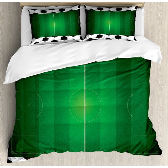 Soccer Duvet Cover Set Queen Size, Football Field with Hexagonal Ball Pattern Frame Sports Activity League Match, Decorative 3 Piece Bedding Set with 2 Pillow Shams, Black White Green, by Ambesonne