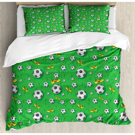 Soccer Duvet Cover Set Queen Size, Professional Player Athletics Pattern Football Shoes Balls on Grass, Decorative 3 Piece Bedding Set with 2 Pillow Shams, Lime Green Yellow Black, by Ambesonne