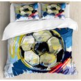 thumbnail image 1 of Soccer Duvet Cover Set Queen Size, Spherical Soccer Ball Illustration with Colorful Distressed Details in Motion Art, Decorative 3 Piece Bedding Set with 2 Pillow Shams, Multicolor, by Ambesonne, 1 of 3