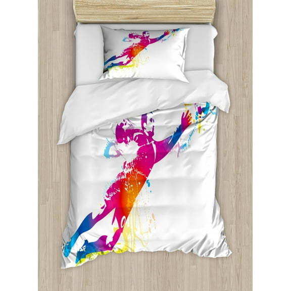 Soccer Duvet Cover Set Twin Size, Goalkeeper Catches the Ball Goal Star Training International Game Artsy Spray Design, Decorative 2 Piece Bedding Set with 1 Pillow Sham, Multicolor, by Ambesonne