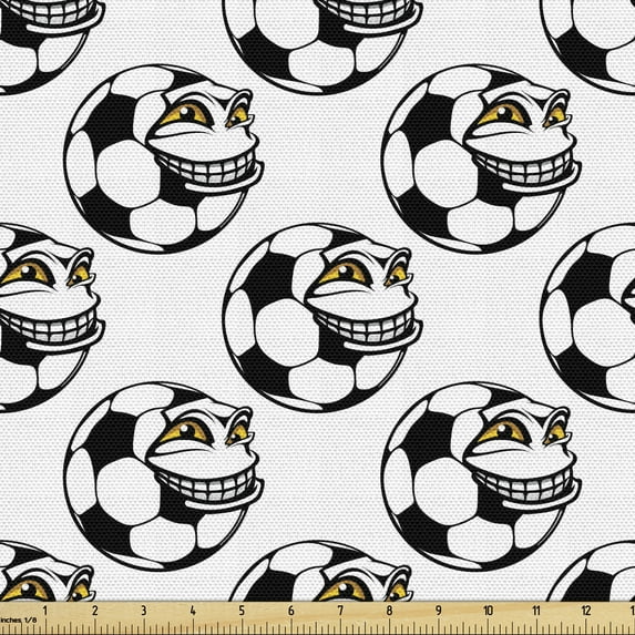 Ambesonne Soccer Fabric by the Yard Upholstery, Cartoon Funny Mascot, 3 Yards, Black White Yellow