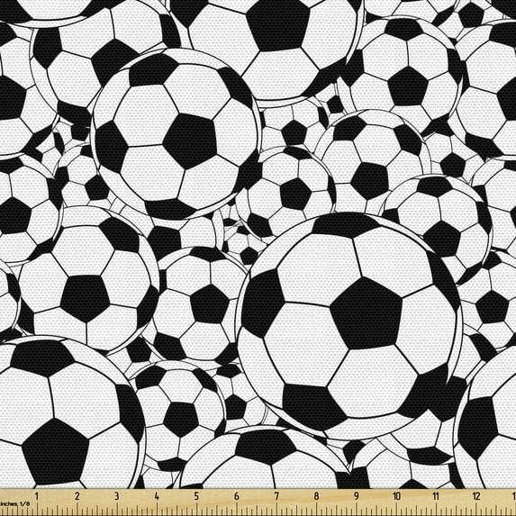 Ambesonne Soccer Fabric by the Yard Upholstery, Monochrome Balls Sport Theme, 5 Yards, White Black