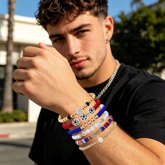 Soccer Fan Jewelry for USA Soccer Fans, Stackable Bracelets for Women and Men, Game Day Accessories and Gifts for Soccer Lovers, Team Spirit Wristband Set, Jewelry