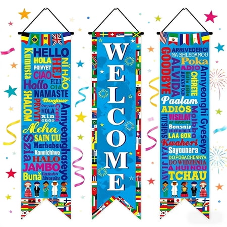 Soccer Fan Welcome Banner Set - 3 Pack Global Flags Porch Sign for Football Game Day Party Decorations, 12" x 51"