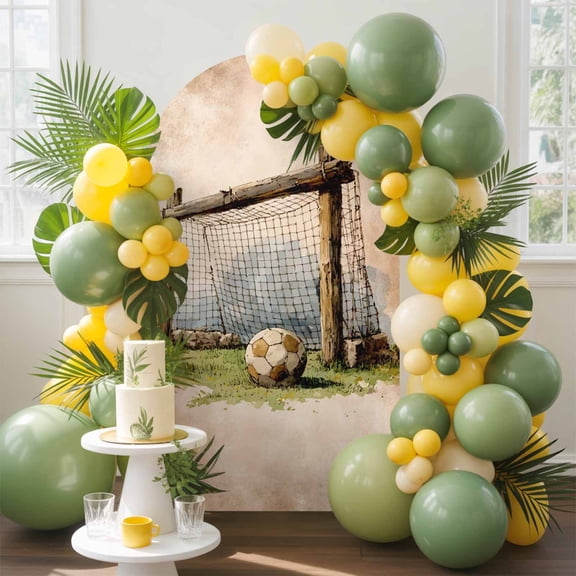 Soccer Field Arch Backdrop Cover, 5FT, Rustic Vintage Sport Football Match Green Grass Wood Grain Spandex Arch Covers Double-Sided Backdrop for Wedding Birthday Party Photo Background Decoration