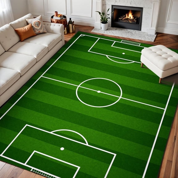 Soccer Field Area Rug, Green Football Stadium Pattern Carpet, Washable Non Slip Low Pile Soft Thin, Living Room Bedroom Dining Office Home Decor Mat 4x6ft