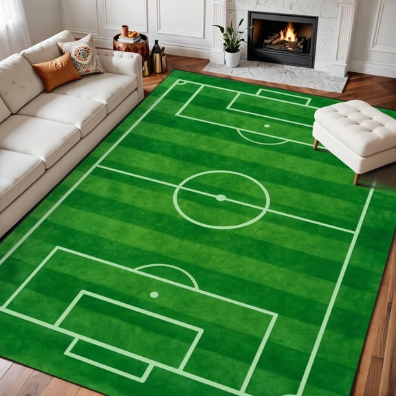 Soccer Field Area Rug, Green Grass Stadium Pattern Carpet, Washable Non Slip Low Pile Soft Thin, Living Room Bedroom Dining Office Home Decor Mat 5x6ft