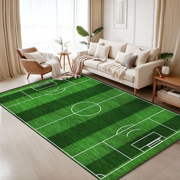 Soccer Field Area Rug, Green Grass Stadium Pattern Carpet, Washable Non Slip Low Pile Soft Thin, Living Room Bedroom Nursery Bathroom Home Decor Mat 2x3ft