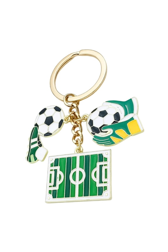 Soccer Field & Gear Keychain - Gold Tone Green Enamel Mini Football Charm Set, Compact Size, Sporty Design for Bag Decor, Soccer Fan Gift & Daily Accessory