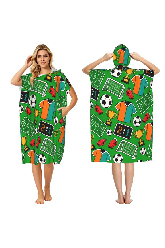 Soccer Field Icon Pattern Adult Hooded Beach Towel Changing Robe, Surf Poncho Towel for Surfing, Swimming, Camping