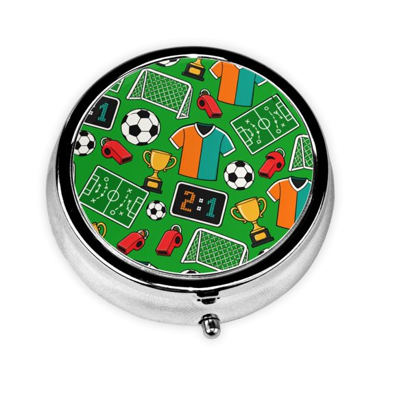 Soccer Field Icon Pattern Mini Round Pill Box Portable Small Pill Case Organizer with 3 Compartments for Pocket Purse