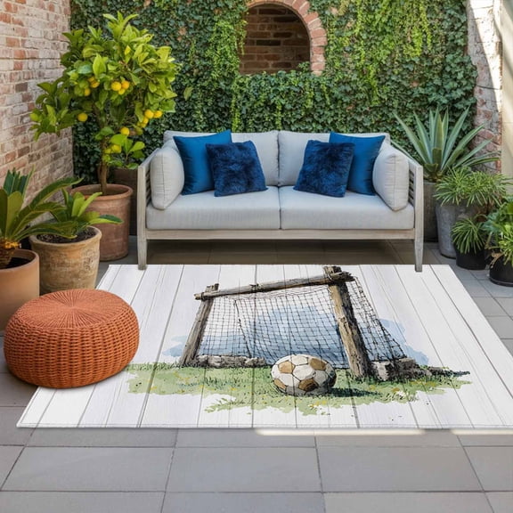 Soccer Field Indoor Outdoor Rugs 4x6 Ft, Rustic Sport Football Match Green Grass Wood Grain Outdoor Patio Rugs Mat Washable Outside Area Rugs Carpet for Porch Deck RV Camping Pool Balcony Backyard
