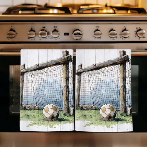 Soccer Field Kitchen Towels Set of 1, Farmhouse Wooden Goal Post Football Absorbent Dish Towels for Kitchen, Microfiber Hand Towel, Quick Drying Tea Towel for Cleaning Decorative Dishcloths