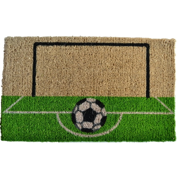30" Brown and Green Soccer Field Design Decorative Hand Woven Doormat