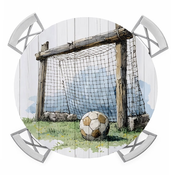 Soccer Field Round Table Cover, Rustic Sport Football Match Green Grass Wood Grain Waterproof Fitted Tablecloths for 36"-44" Tables, Washable Picnic Table Cover for Camping Dining Indoor Outdoor