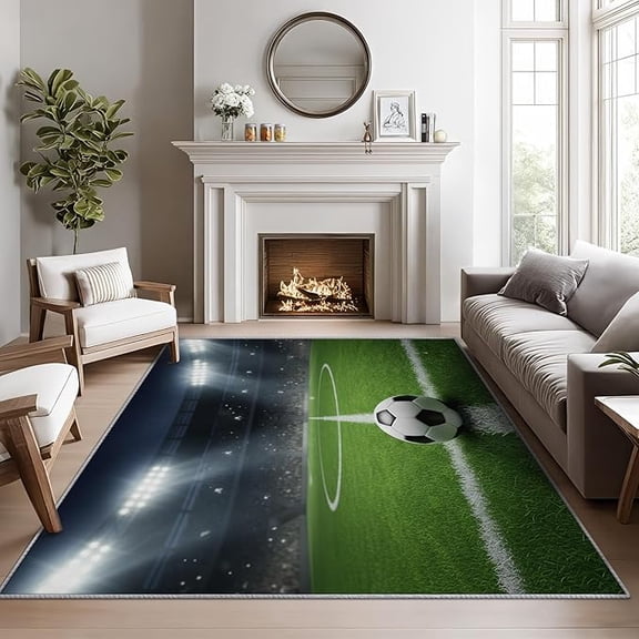 Soccer Field Rugs for Living Room, Soccer Stadium Rug, 3D Football Field Area Rug, Boys Ball Sports Washable Door Mat for Entryway, Kitchen, Green Grass Field Home Decor & Gifts 2 x 3ft