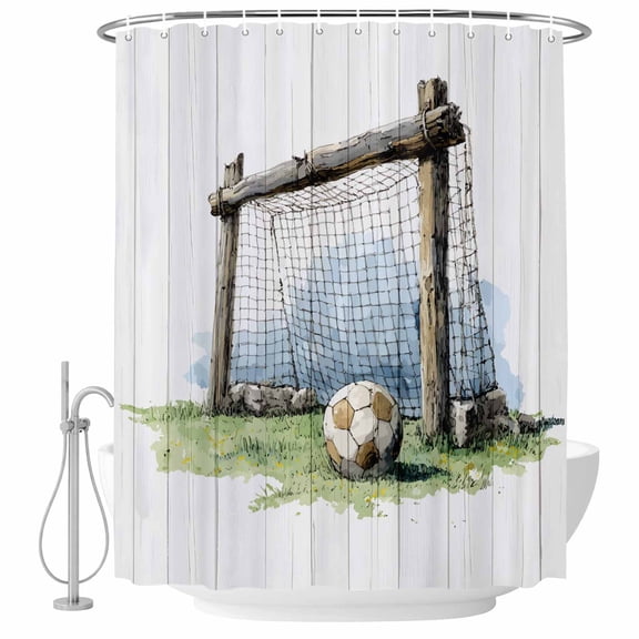 Soccer Field Shower Curtain Set with Hooks, Rustic Sport Football Match Green Grass Wood Grain Water Repellent Shower Curtains for Bathroom Decor Sturdy Shower Curtain, Machine Washable 36x72 Inch
