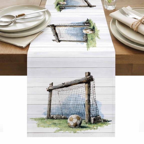 Soccer Field Table Runner Farmhouse Wooden Goal Post Football Tablerunners 13 x 36 Inch, Table Decorations Tabletop Scarf for Summer Gathering Holiday Farmhouse Kitchen Dining Decor