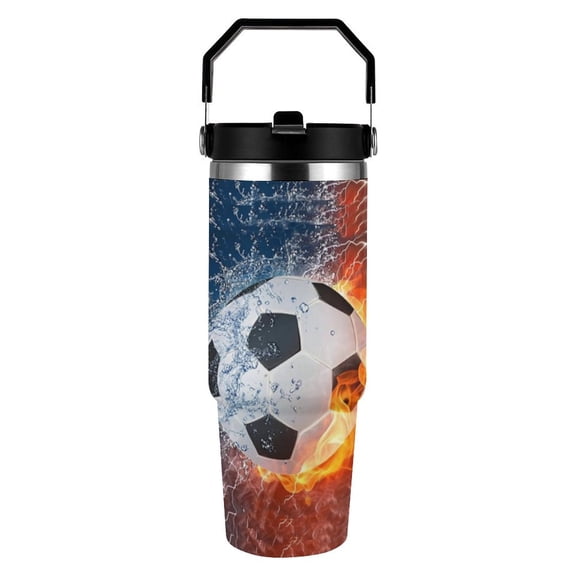 Soccer Fire 30 oz Stainless Steel Tumbler with Handle， Insulated Travel Coffee Mugs Cup Gifts for Men Women Kids
