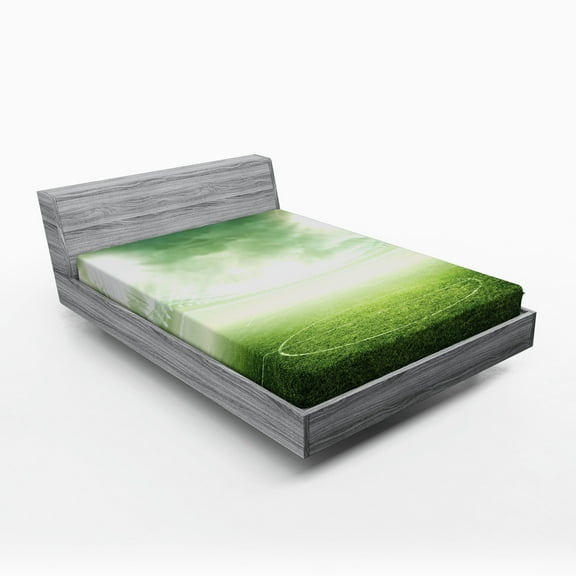 Soccer Fitted Sheet, Pattern of Stadium at Night View Football Arena Activity Grass Playground Picture Print, Soft Decorative Fabric Bedding, Queen Size, Green, by Ambesonne
