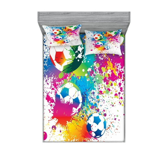 Soccer Fitted Sheet & Pillow Sham Set, Colored Splashes All over Soccer Balls Score World Cup Championship Athletic, Decorative Printed 6 Piece Bedding Decor Set, King, Multicolor, by Ambesonne