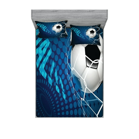 Soccer Fitted Sheet & Pillow Sham Set, Goal Football Flying into Net Abstract Dots Pattern Background European Sport, Decorative Printed 6 Piece Bedding Decor Set, Full, Blue Black White, by Ambesonne