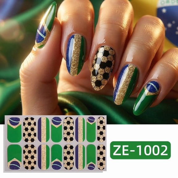 Soccer Flag Themed Nail Art Stickers Set, Glitter Adhesive Full Coverage Wraps for Football Fans Manicure