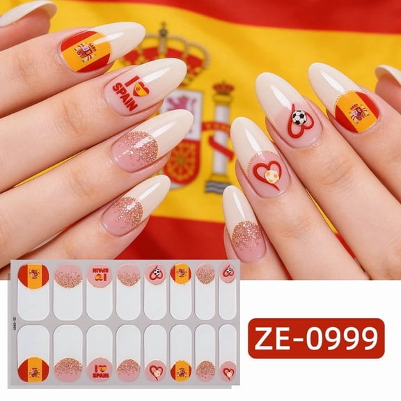 Soccer Flag Themed Nail Art Stickers Set, Glitter Adhesive Full Coverage Wraps for Football Fans Manicure