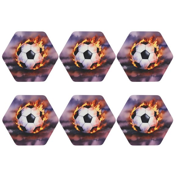Soccer-Flame Splashing Set of 6 Faux Leather 4 Inch Coasters Drinks Tabletop Home Dinning Hexagon