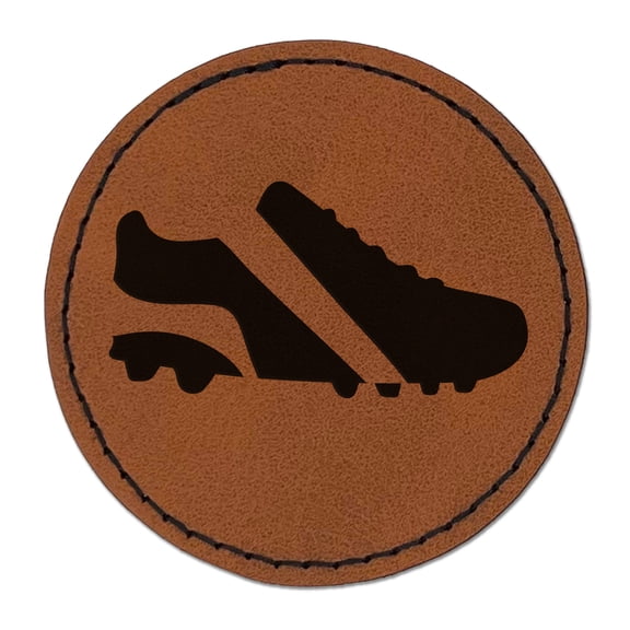 Soccer Football Cleats Sports Shoes 2.5" Faux Leather Round Engraved Iron-On Patch - Brown
