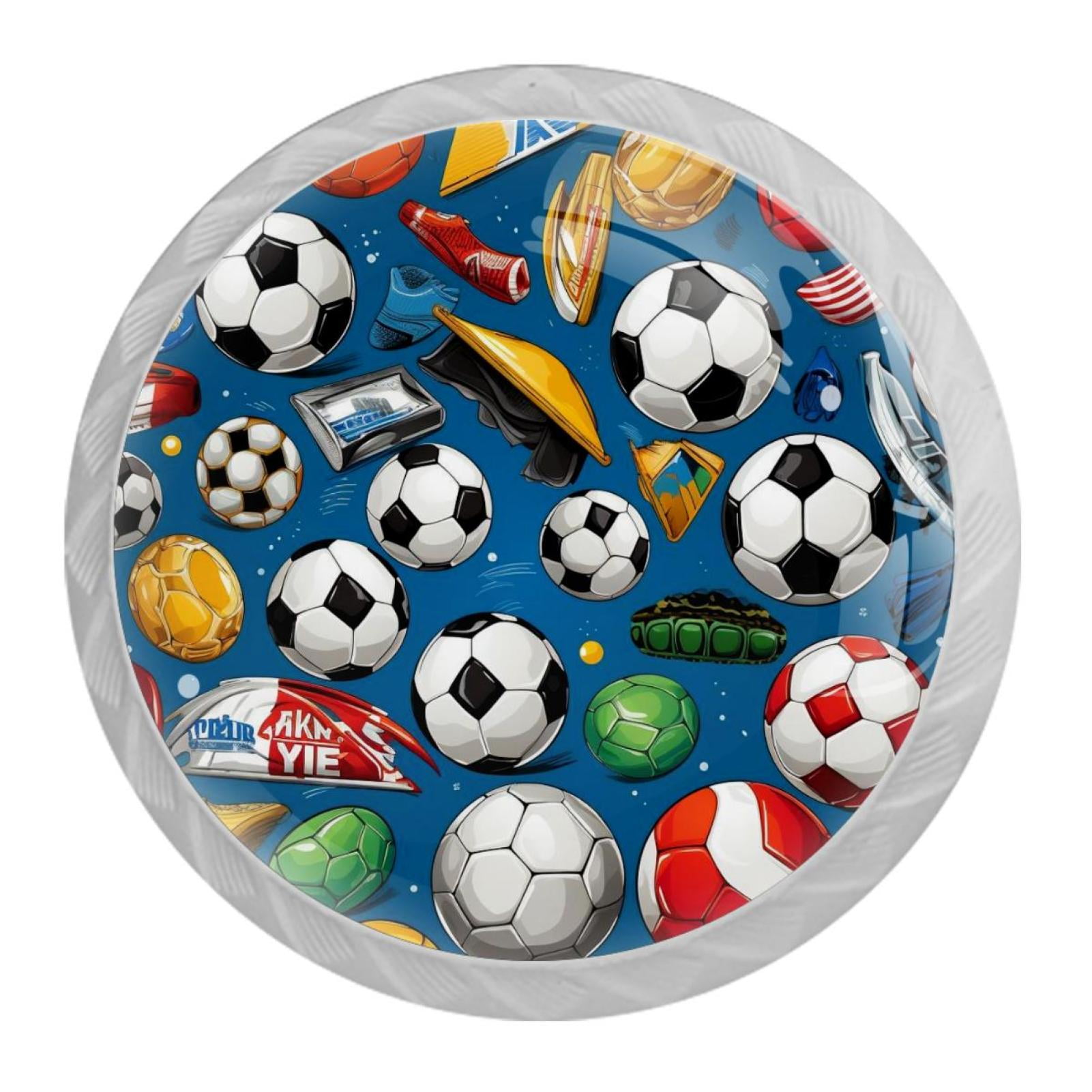 Soccer Football Drawer Pulls Set of 4, White Crystal Glass Knobs with