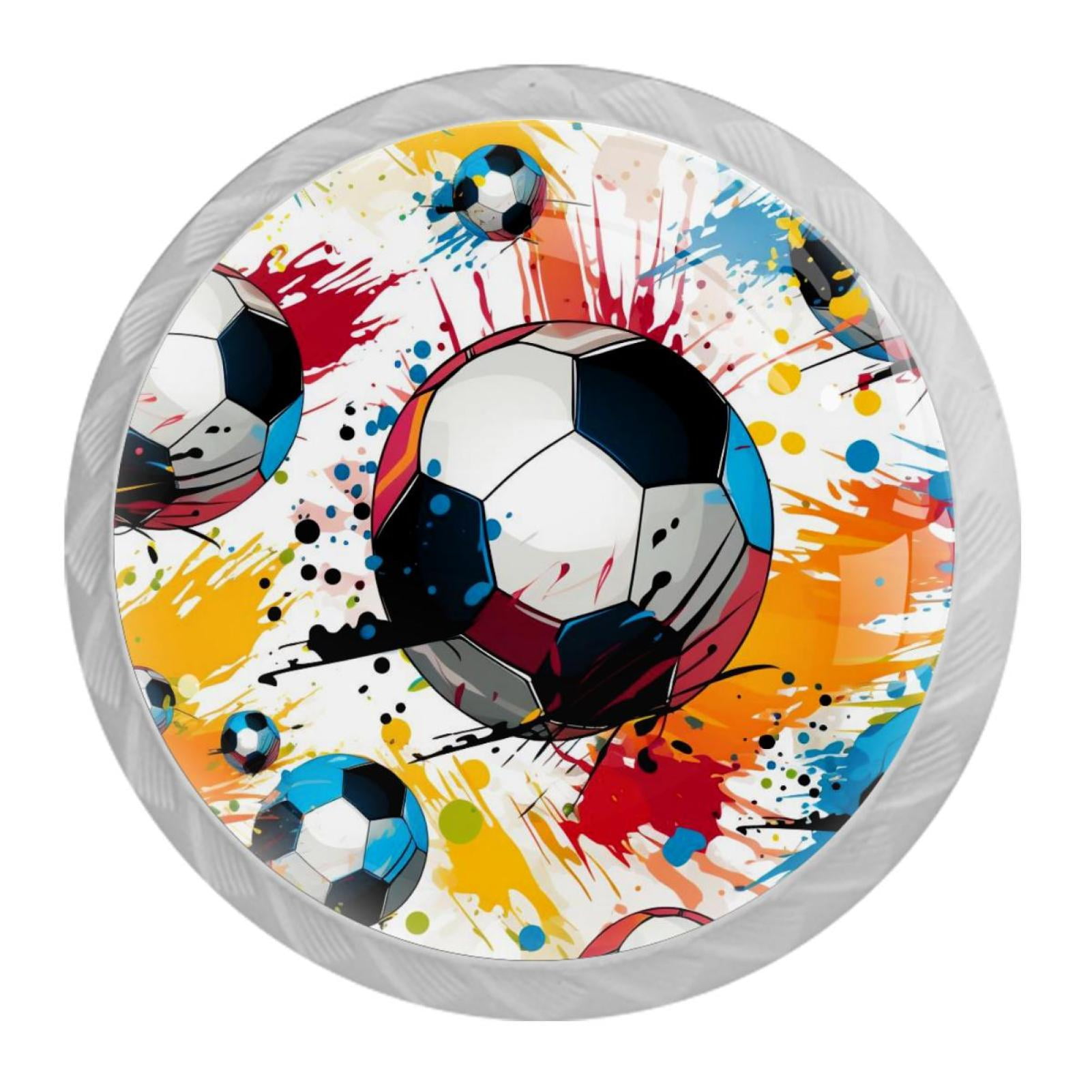 Soccer Football Drawer Pulls Set of 4, White Crystal Glass Knobs with