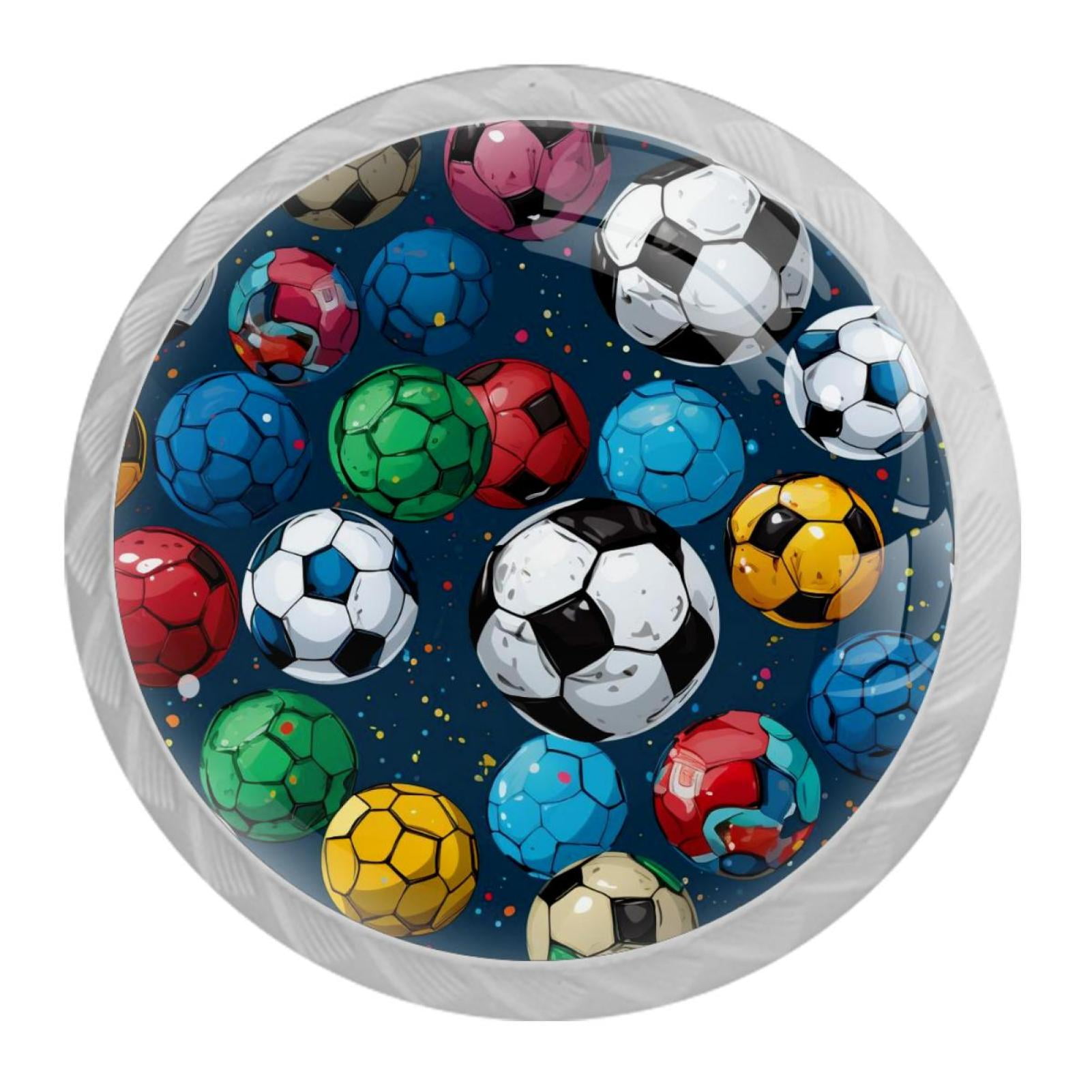 Soccer Football Drawer Pulls Set of 4, White Crystal Glass Knobs with