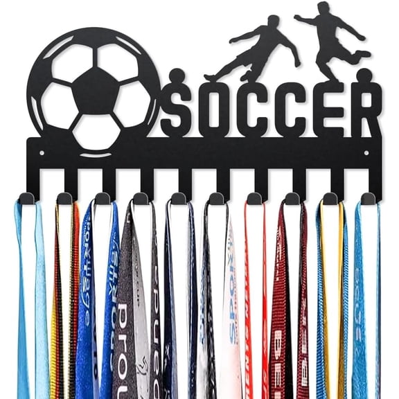 Soccer Football Metal Key Hooks 8.815.7 Inch Sports Shooting Wall Mounted Hook Hangers Running Medal Hanger Display with 10 Hooks for Kitchen Entryway Hallway Garden Doorway
