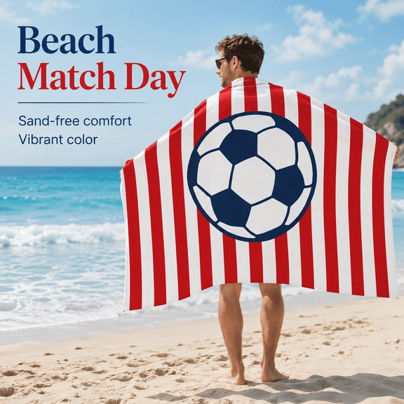 Soccer Football Sports Print Sandless Microfiber Fast Drying Absorbent Red White Striped Large Bath Sheet Pool Mat 30x60 Inch
