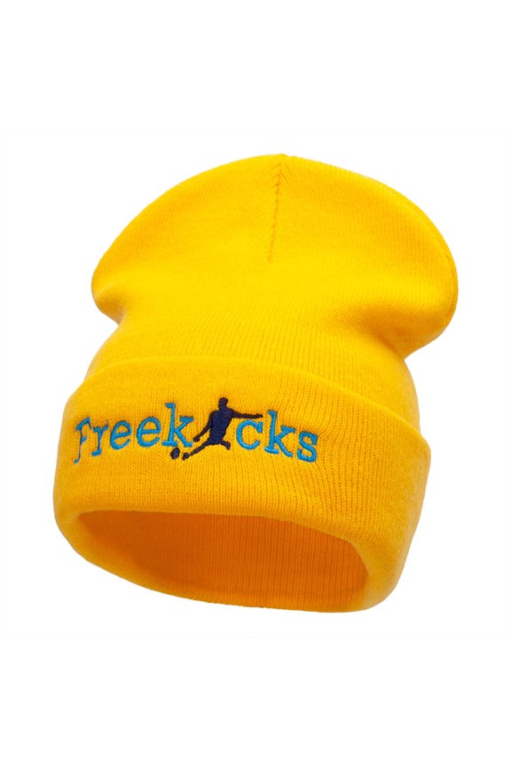 Soccer Free Kicks Embroidered 12 Inch Long Knitted Beanie - Yellow OSFM