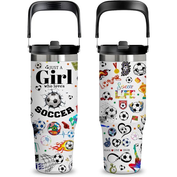 Soccer Gift for Women & Girls - 30oz Insulated Stainless Steel Tumbler with Handle, Cute Leak-Proof Water Bottle for Players, Fans - Great for Games, Practice, Christmas & Birthdays