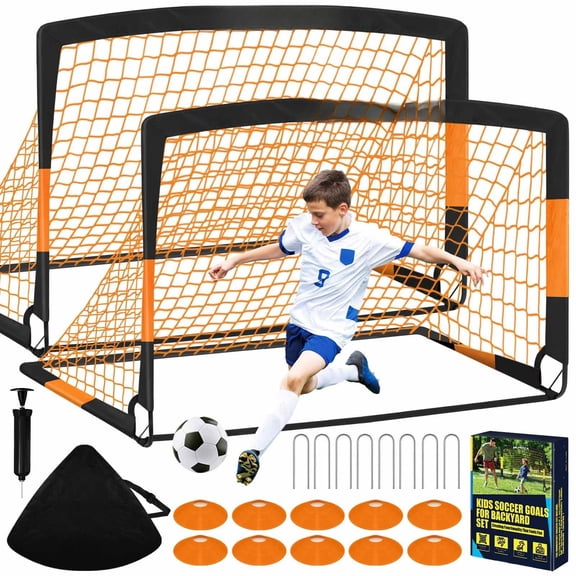 Soccer Goal Goals For Backyard Set 2 Pack Of Portable Pop Up Net With Ball Cones Complete Equipment Outdoor Sports Games