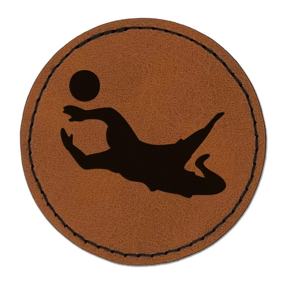 Soccer Goalie Diving For Ball Association Football 2.5" Faux Leather Round Engraved Iron-On Patch - Brown