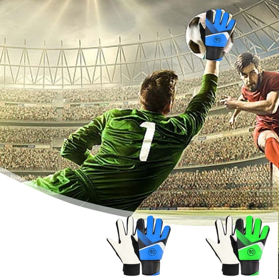 Soccer Goalkeeper Gloves Rubber Protective , Impact Resistant Goalie Gloves Green Blue, Adjustable Wrist Strap, Small Medium Large, Pair