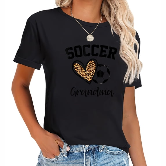 Soccer Grandma Leopard Heart Funny Mothers Day Short Sleeve Shirt for Women - Fashionable Graphic Tees | Womens Tops
