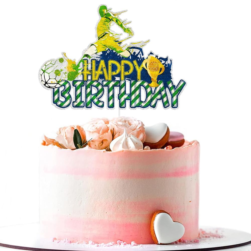 Soccer Happy Birthday Cake Topper – Glitter Football Player Sign For Sports Theme Parties (Green)