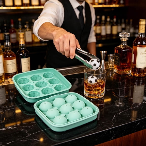 Soccer Ice Cube Mold, 9-Cavity Large Round Silicone Ice Ball Maker with Lid, Food Grade Flexible Sphere Ice Chiller Tray for Whiskey Cocktail Sports Party