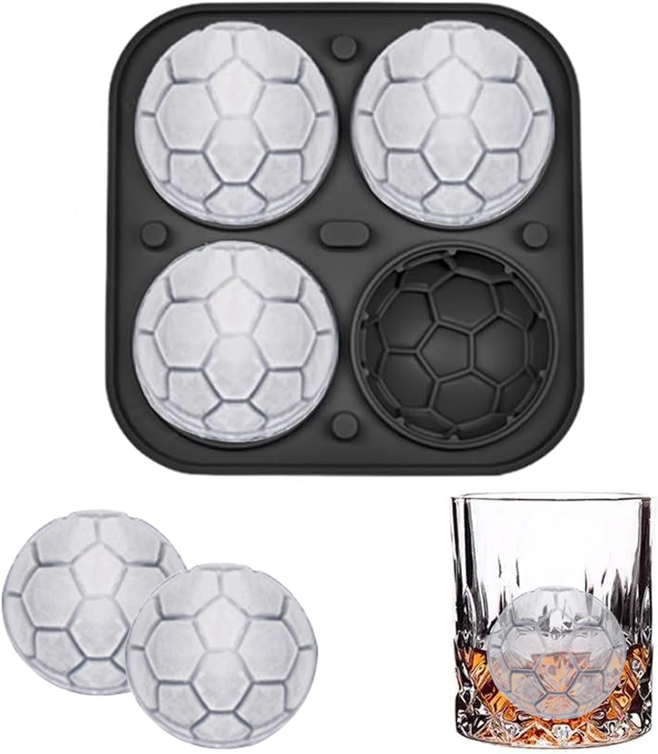 Soccer Ice Cube Tray 3D, Ice Ball Cube Mold with Funnel for Cocktails, Bourbon,Brandy, Whiskey Gifts for Men, Silicone Fun Shapes Black (Soccer Ball)