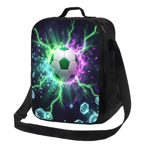 Soccer Insulated Lunch Bag Cool Ice Fire Lightning Reusable Leakproof Thermal Lunch Box With Adjustable Crossbody Strap For Work Office Daily